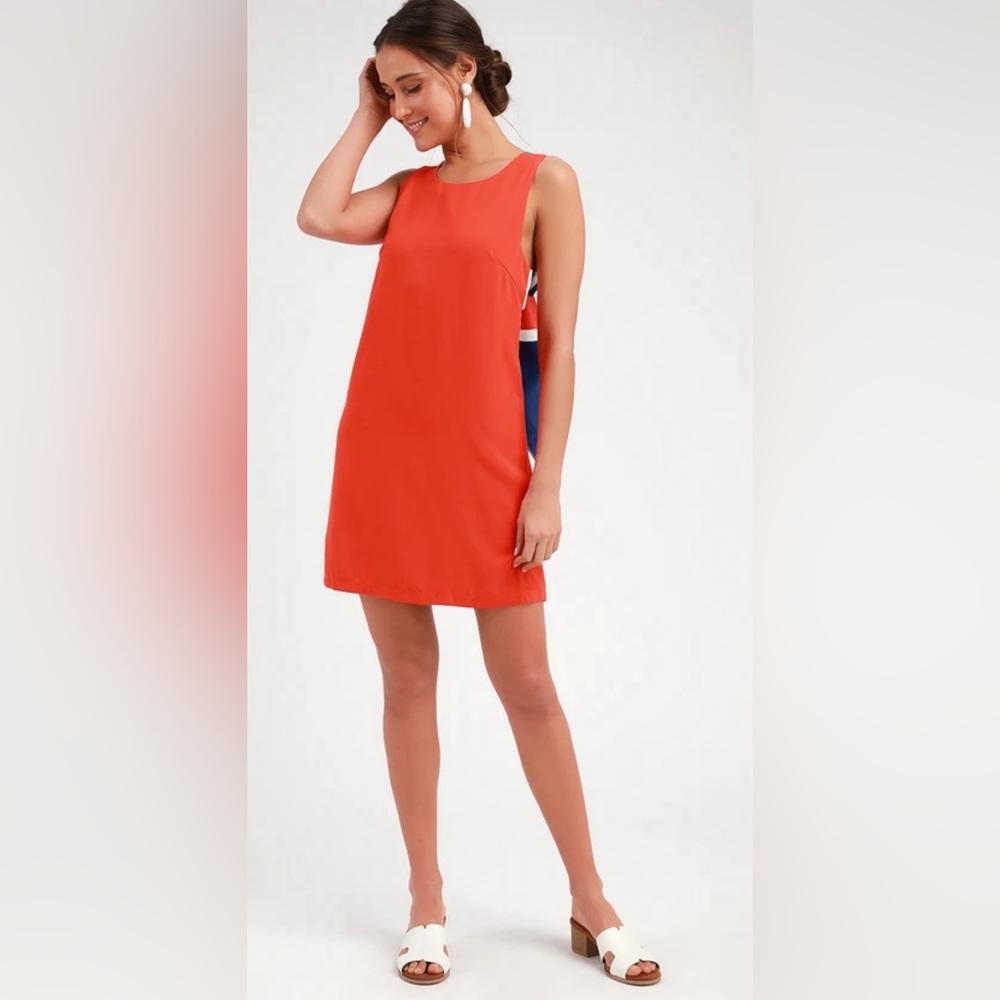 Lulus Joyful Red Orange Multi Stripe Tie-Back Mini Dress in size L